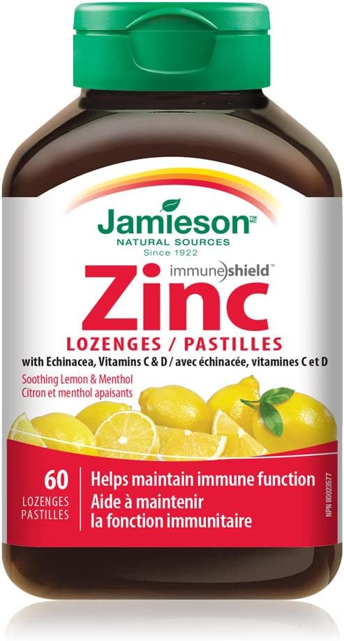 Jamieson Zinc Lozenges with Echinacea, Vitamins C and D Soothing Lemon & Menthol 60 Lozenge