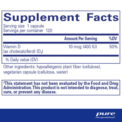 Pure Encapsulations Vitamin D3 10 mcg (400 IU) 120 Capsules
