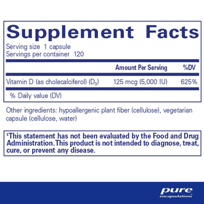 Pure Encapsulations Vitamin D3 125 mcg (5,000 IU) 120 Capsules