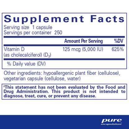 Pure Encapsulations Vitamin D3 125 mcg (5,000 IU) 250 Capsules