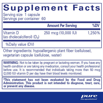 Pure Encapsulations Vitamin D3 250 mcg (10,000 IU) 60 Capsules