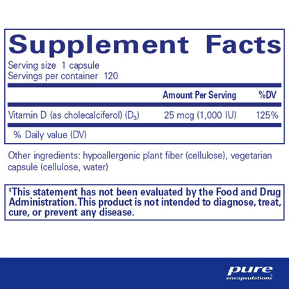 Pure Encapsulations Vitamin D3 25 mcg (1,000 IU) 120 Capsules