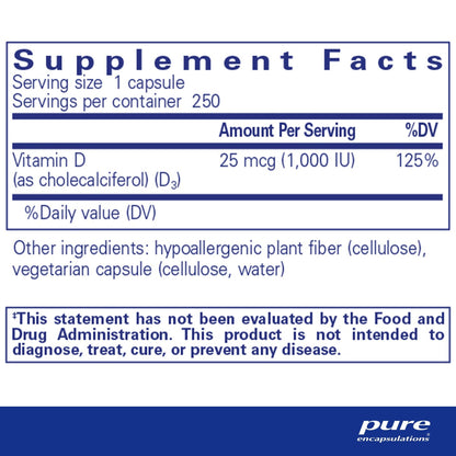 Pure Encapsulations Vitamin D3 25 mcg (1,000 IU) 250 Capsules