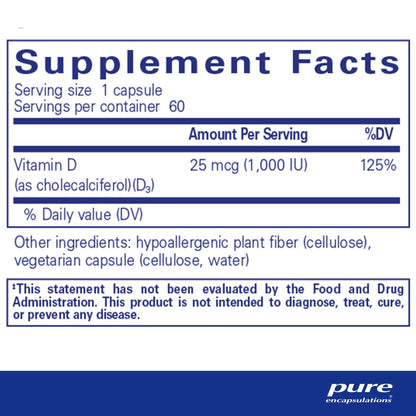 Pure Encapsulations Vitamin D3 25 mcg (1,000 IU) 60 Capsules