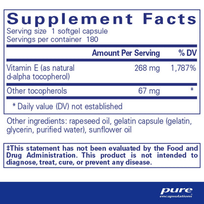 Pure Encapsulations Vitamin E (with mixed tocopherols) 180 Capsules