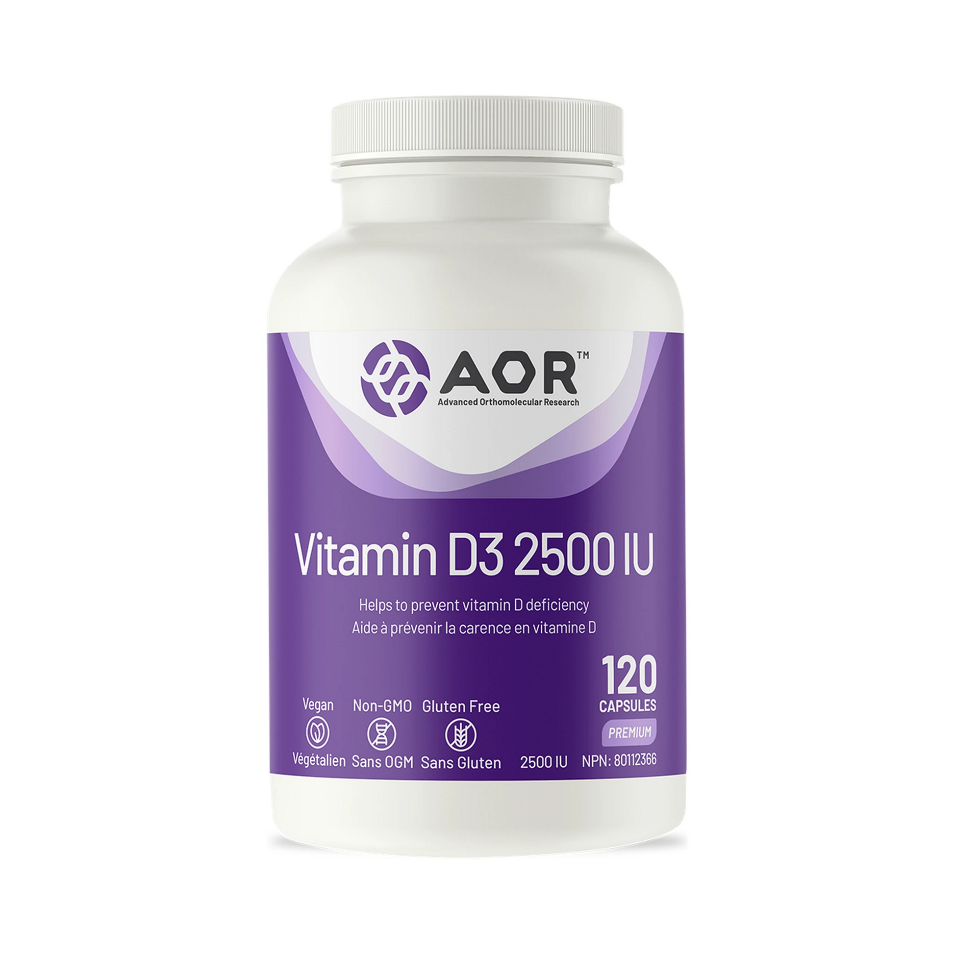 AOR Vitamin D3 2500IU 120 Capsules - Vegan, Non-GMO, Helps with Bone Health