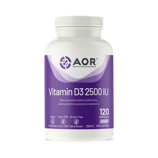 AOR Vitamin D3 2500IU 120 Capsules - Vegan, Non-GMO, Helps with Bone Health