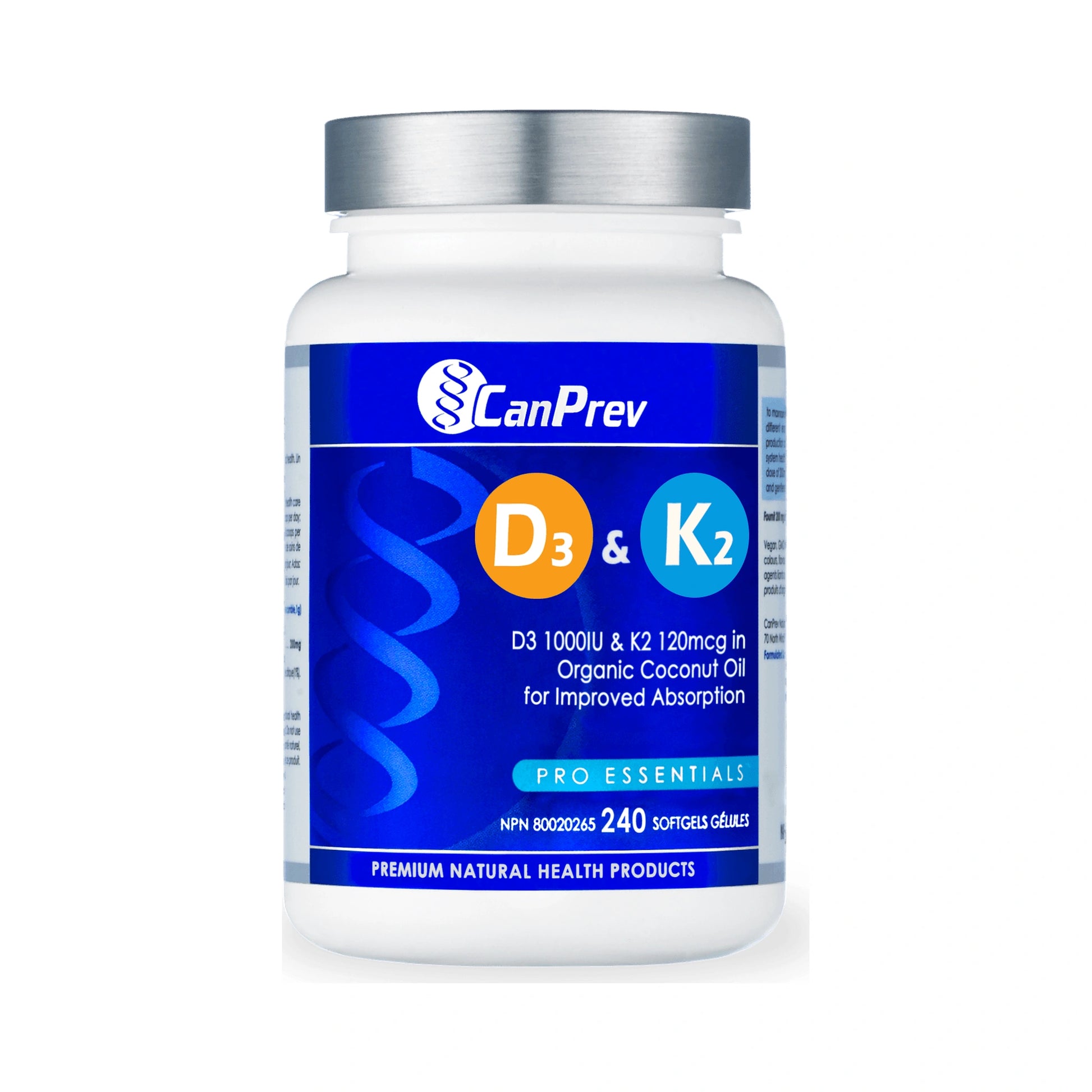 CanPrev D3 & K2 in Organic Coconut Oil 240 Softgels