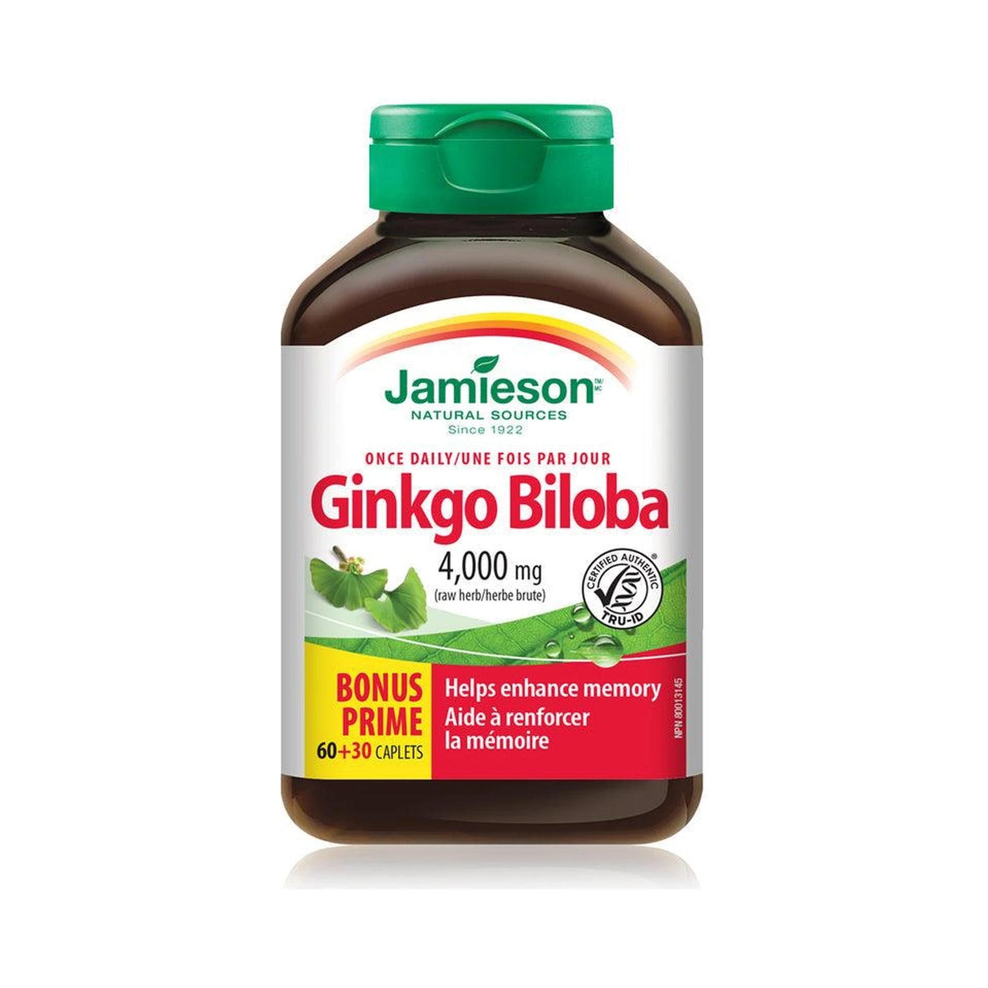 Jamieson Ginkgo Biloba 4000mg raw herb BONUS SIZE 90 Caplets