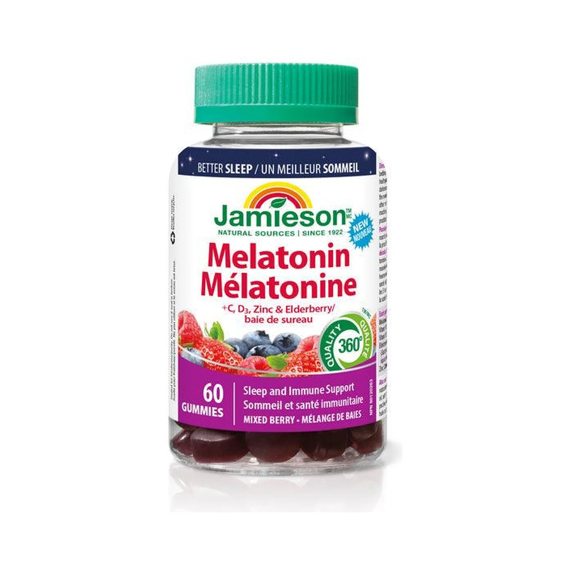 Jamieson Melatonin 5mg+ Vitamins C, D, Zinc & Elderberry Mixed Berry 60 Gummies