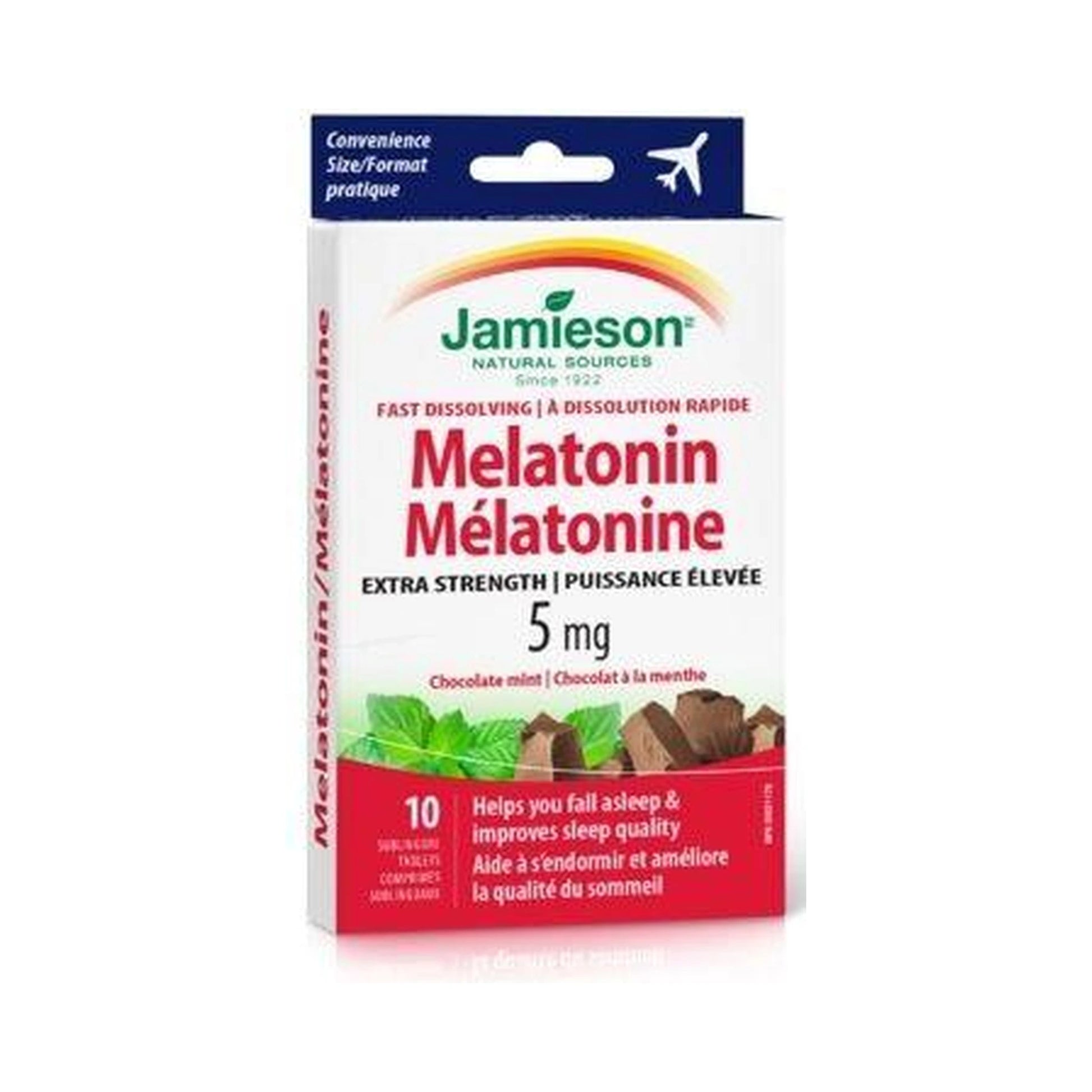 Jamieson Melatonin Extra Strength 5mg Trial & Travel Chocolate Mint 10 Fast Dissolving Sublingual Tablets