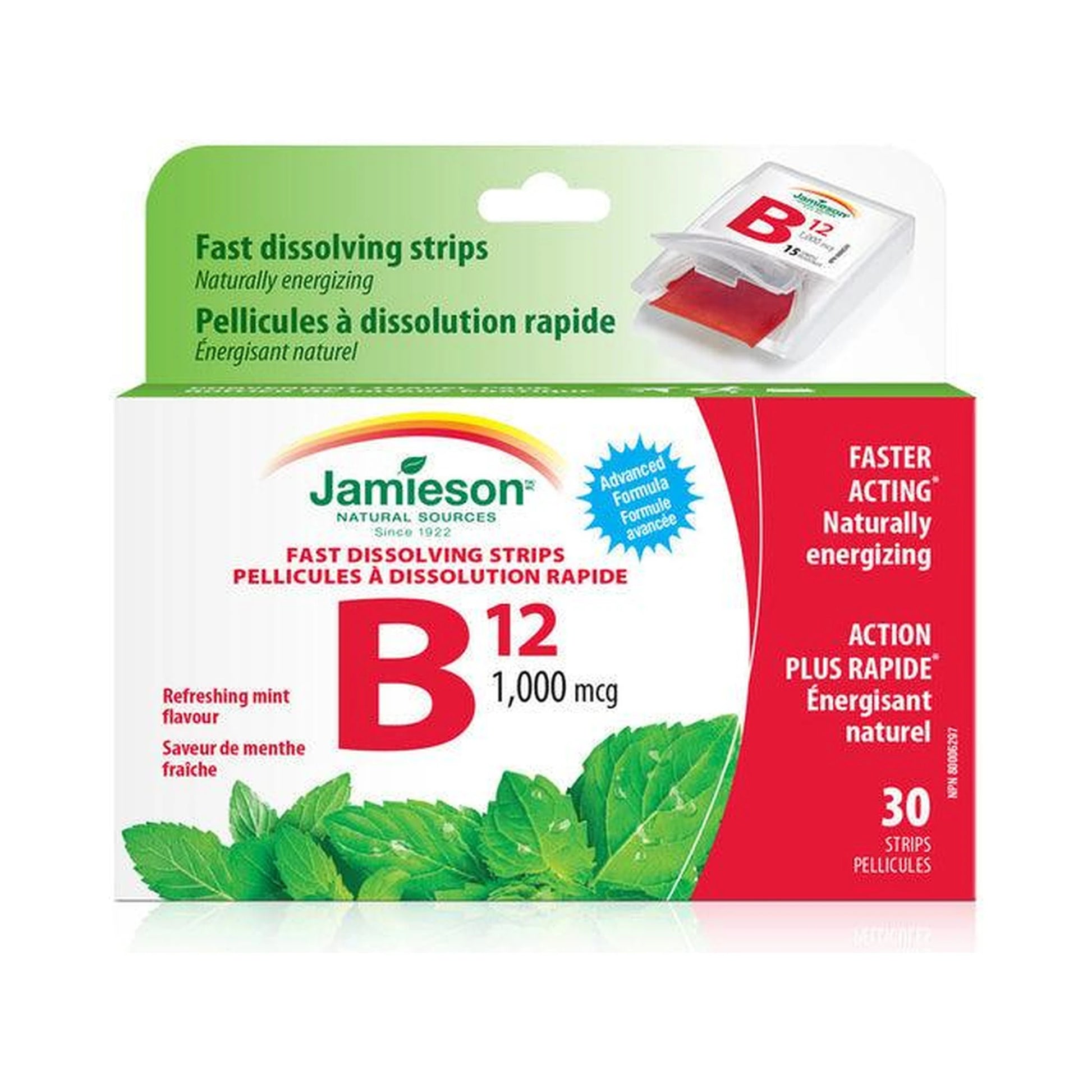 Jamieson Vitamin B12 1,000mcg Fast-Dissolving Strips Methylcobalamin Mint 30 Strips