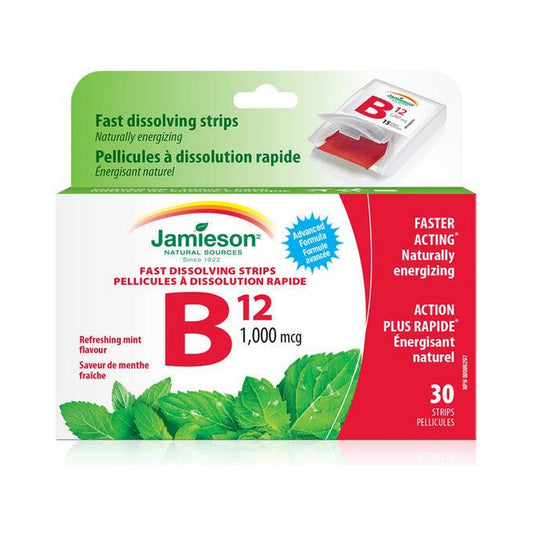 Jamieson Vitamin B12 1,000mcg Fast-Dissolving Strips Methylcobalamin Mint 30 Strips