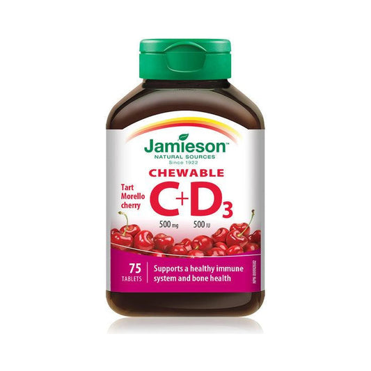 Jamieson Vitamin C 500mg + D3 500IU Tart Morello Cherry 75 Chewable Tablets