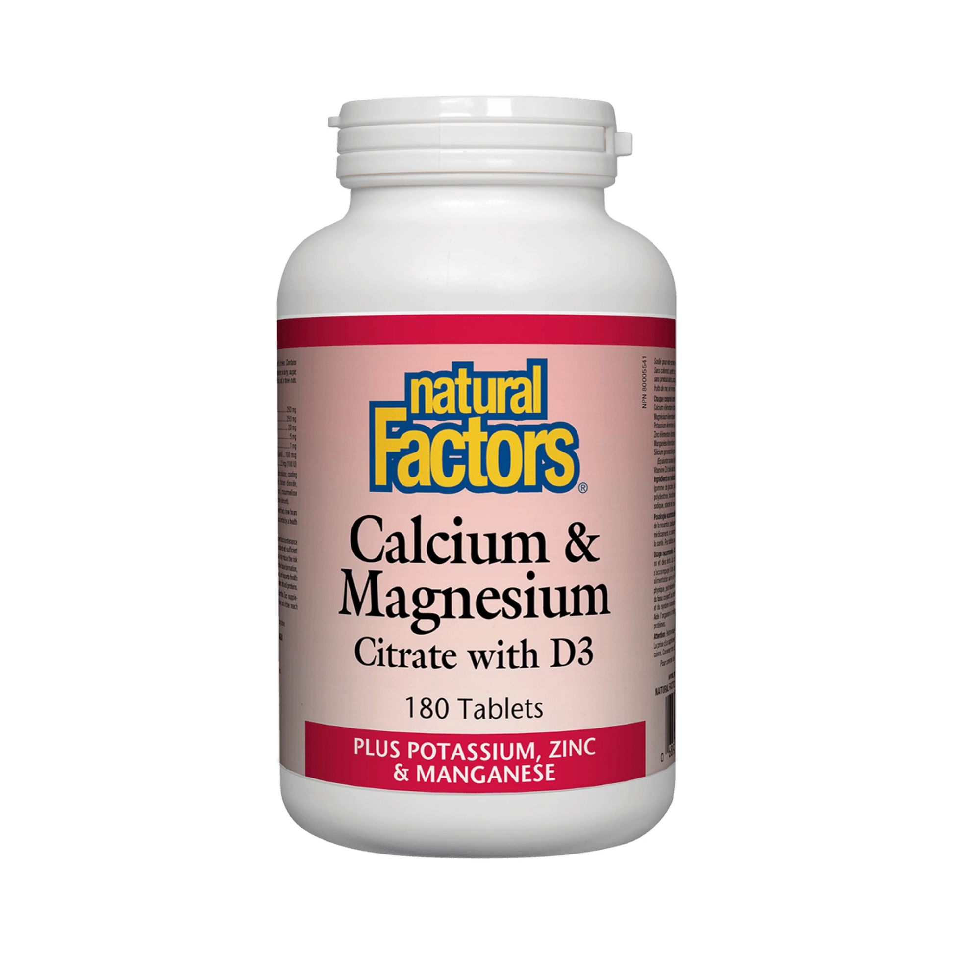 Natural Factors Calcium & Magnesium Citrate with D3 Plus Potassium Zinc & Manganese 180 Tablets