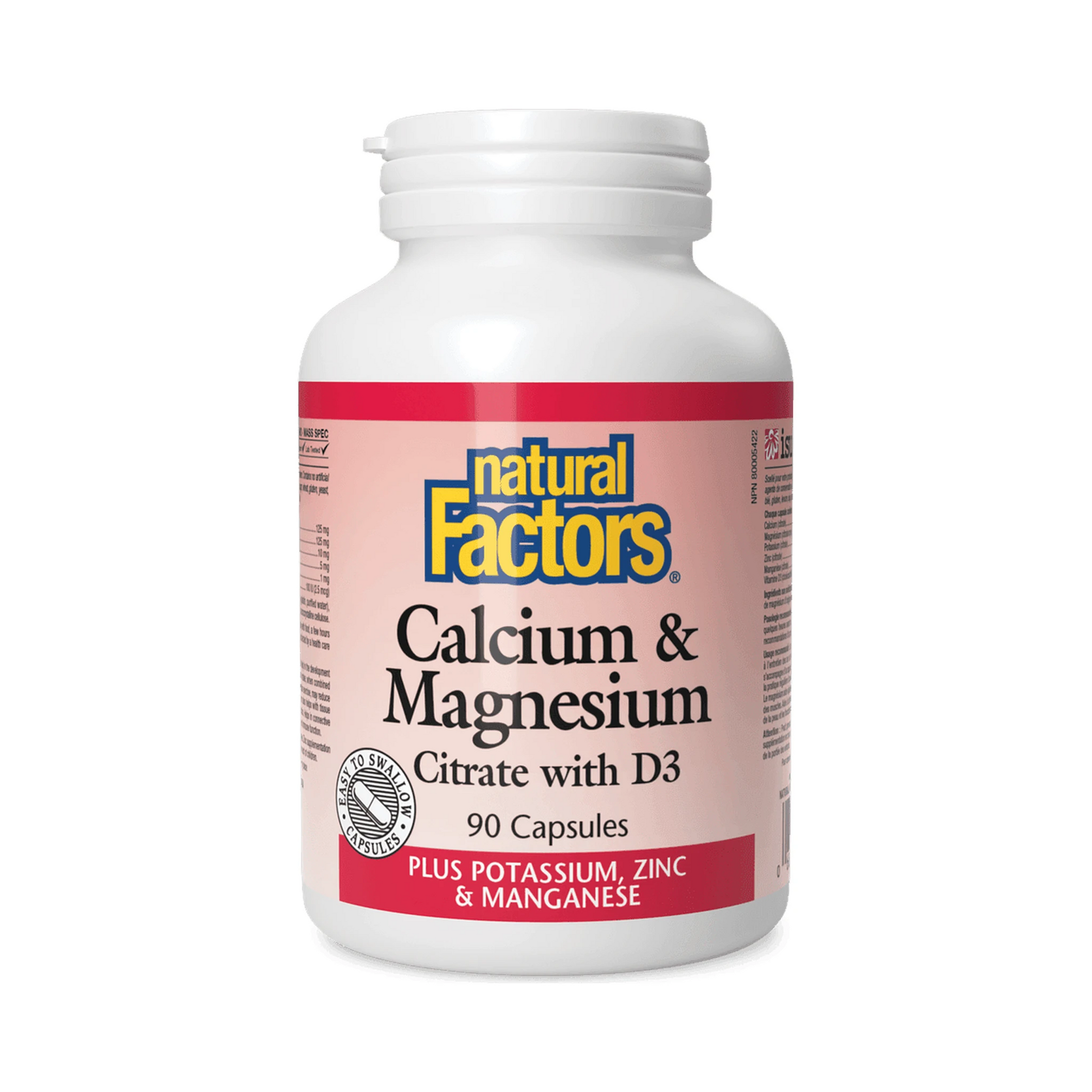Natural Factors Calcium & Magnesium Citrate with D3 Plus Potassium Zinc & Manganese 90 Capsules