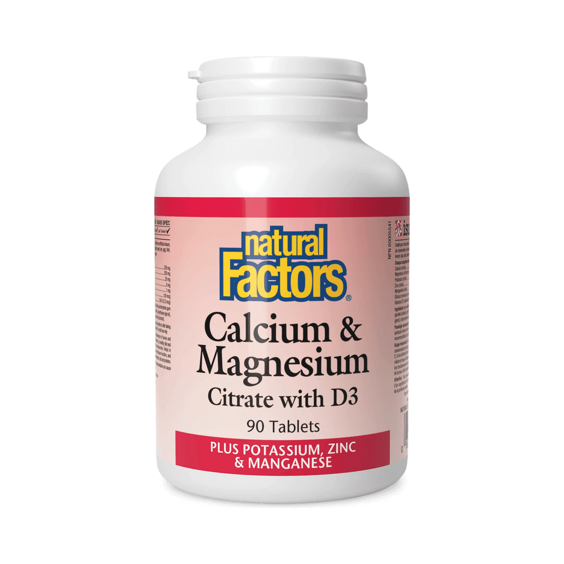Natural Factors Calcium & Magnesium Citrate with D3 Plus Potassium Zinc & Manganese 90 Tablets