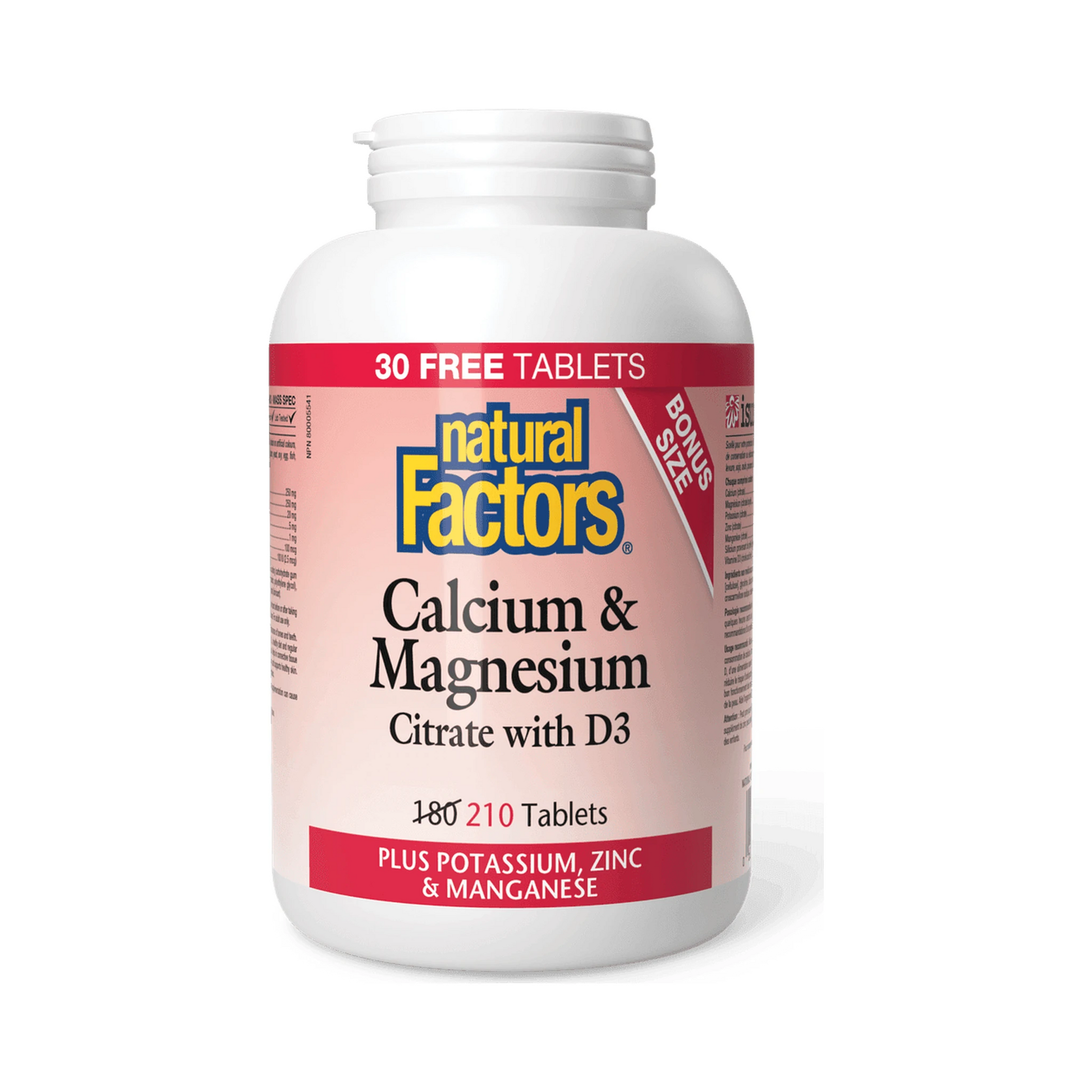 Natural Factors Calcium & Magnesium Citrate with D3 Plus Potassium Zinc & Manganese Bonus Size 180+30 Tablets