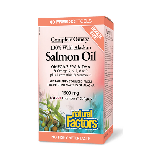 Natural Factors Wild Alaskan Salmon Oil 1300mg Bonus Size 180+40 Softgels