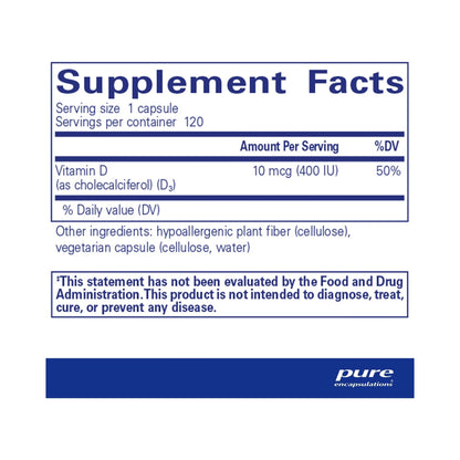 Pure Encapsulations Vitamin D3 10 mcg (400 IU) 120 Capsules