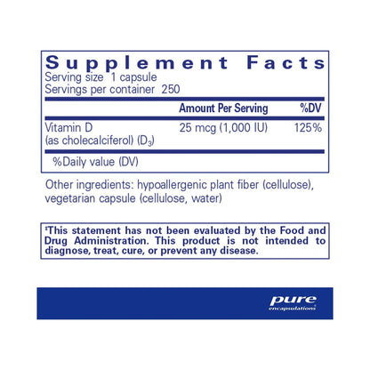 Pure Encapsulations Vitamin D3 25 mcg (1,000 IU) 250 Capsules