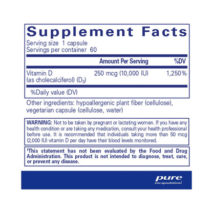 Pure Encapsulations Vitamin D3 250 mcg (10,000 IU) 60 Capsules
