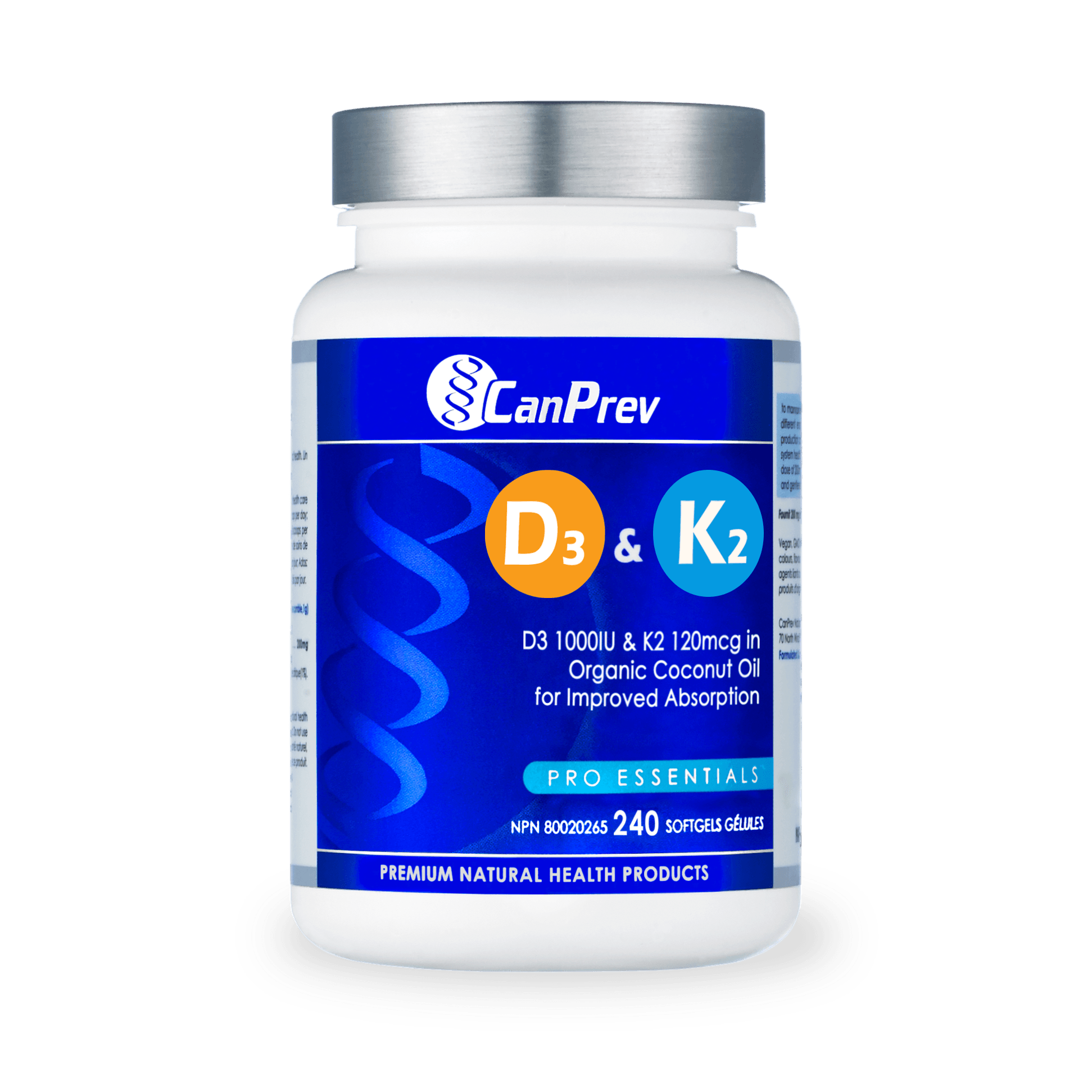 CanPrev D3 & K2 in Organic Coconut Oil 240 Softgels - Wellness Supplement