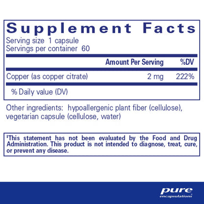 Pure Encapsulations Copper (citrate) 60 Capsules