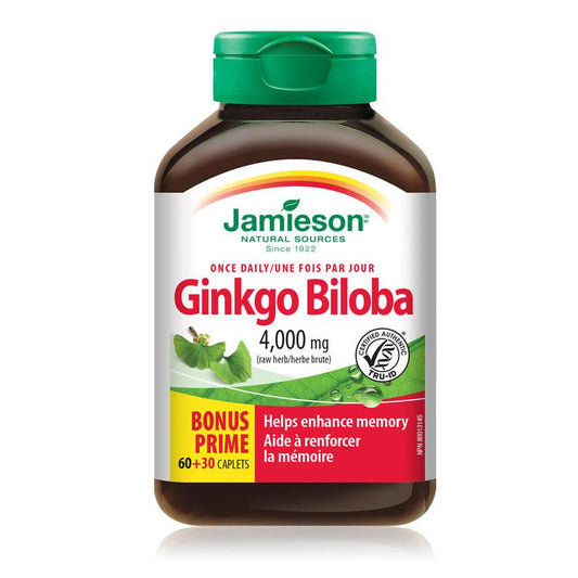 Jamieson Ginkgo Biloba 4000mg raw herb BONUS SIZE 90 Caplets