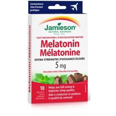 Jamieson Melatonin Extra Strength 5mg Trial & Travel Chocolate Mint 10 Fast Dissolving Sublingual Tablets