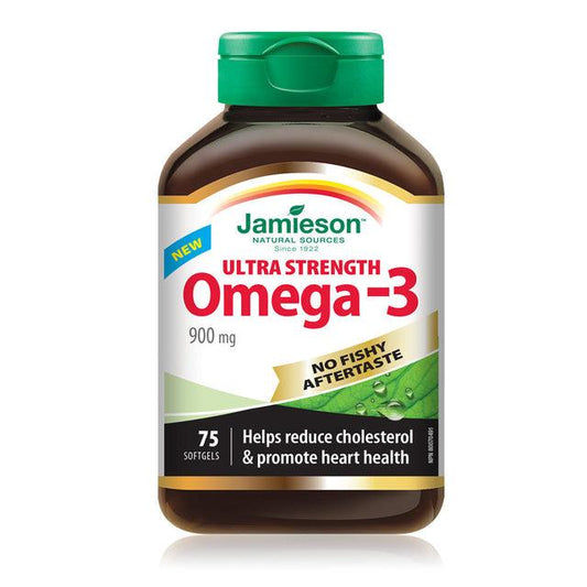 Jamieson Omega-3 900mg No Fishy Aftertaste Ultra Strength 75 Softgels