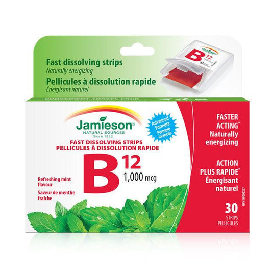 Jamieson Vitamin B12 1,000mcg Fast-Dissolving Strips Methylcobalamin Mint 30 Strips