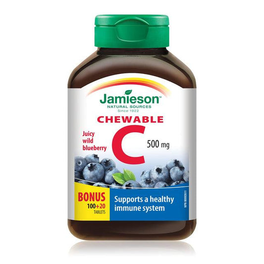 Jamieson Vitamin C 500mg Juicy Wild Blueberry BONUS SIZE 120 Chewable