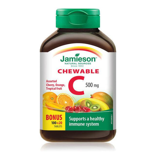 Jamieson Vitamin C 500mg Mixed 3 Flavours Cherry, Orange, Tropical Fruit BONUS SIZE 120 Chewable