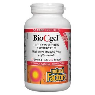 Natural Factors BioCgel High Absorption Ascorbate C 500 mg BONUS SIZE 180+30 Softgels 