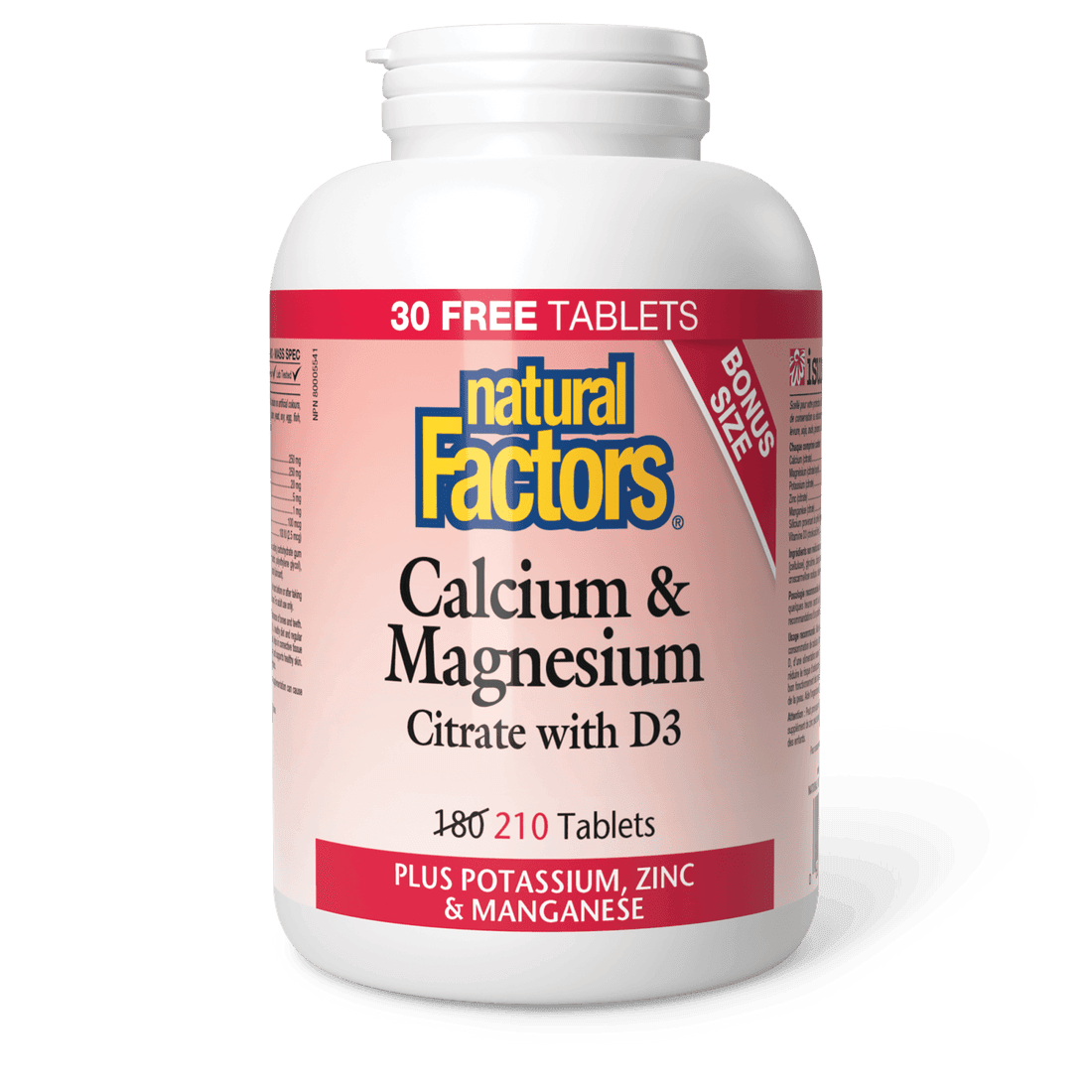 Natural Factors Calcium & Magnesium Citrate with D3 Plus Potassium Zinc & Manganese Bonus Size 180+30 Tablets 