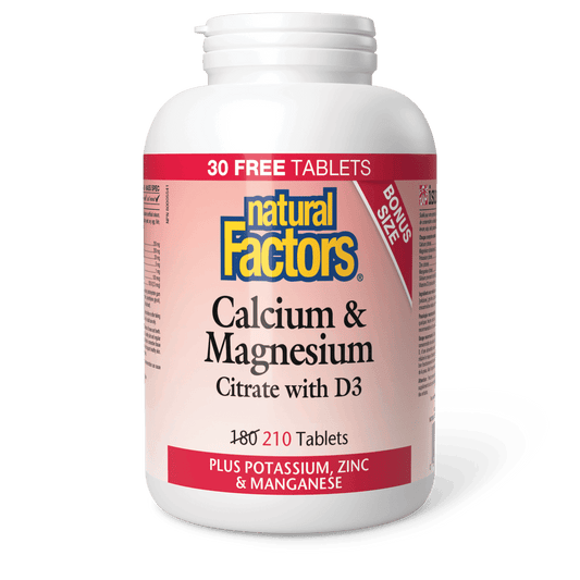 Natural Factors Calcium & Magnesium Citrate with D3 Plus Potassium Zinc & Manganese Bonus Size 180+30 Tablets 