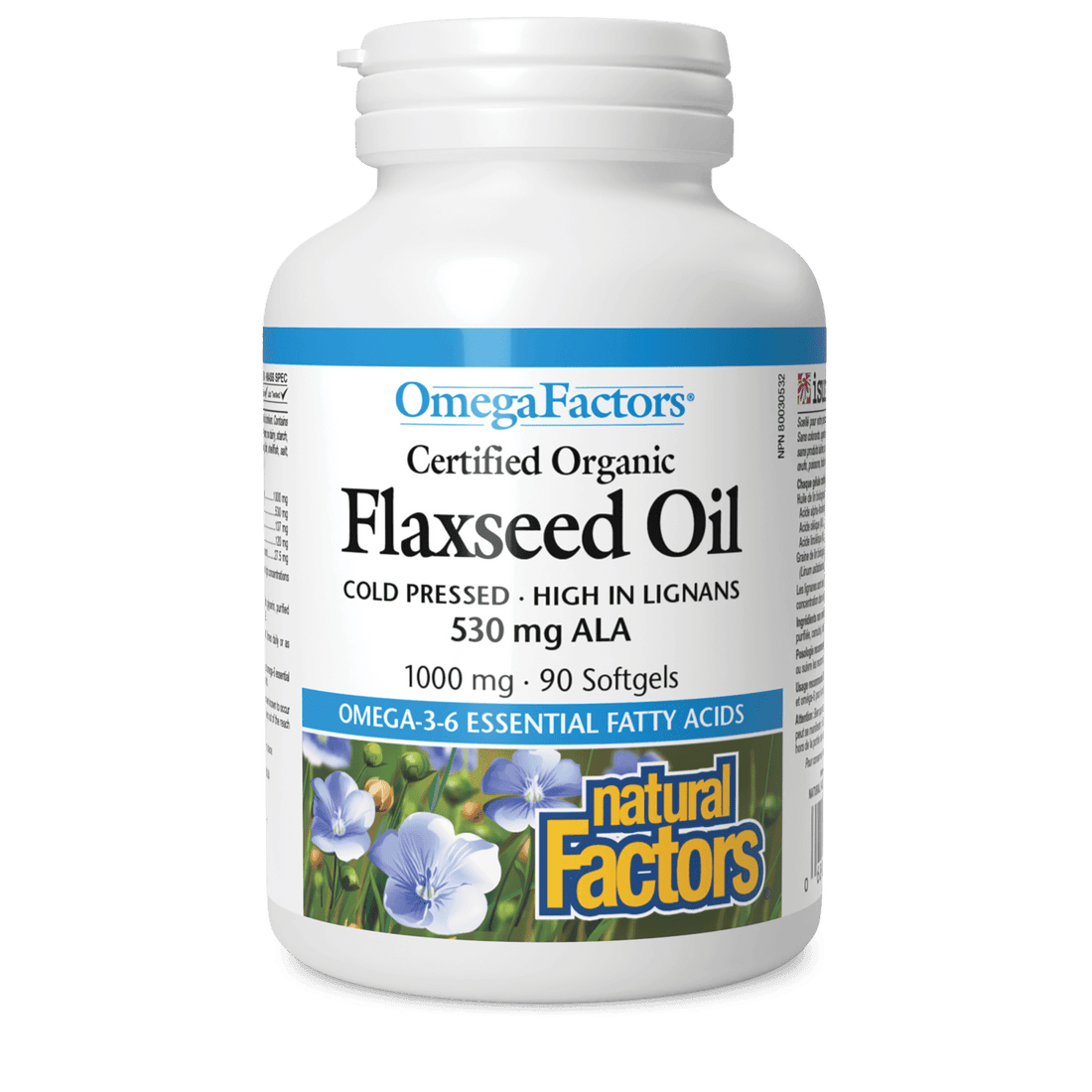 Natural Factors Flaxseed Oil Certified Organic 1000 mg OmegaFactors 90 Softgels - Wellness Supplement