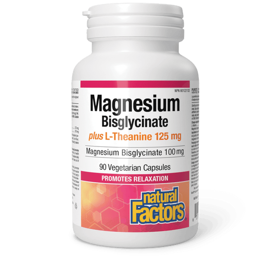 Natural Factors Magnesium Bisglycinate 100 mg plus L-Theanine 125 mg 90 Veg Capsules - Wellness Supplement