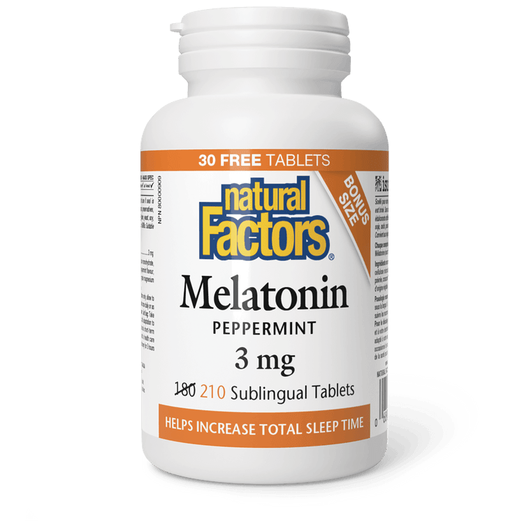 Natural Factors Melatonin 3 mg Peppermint BONUS SIZE 180+30 Tablets 