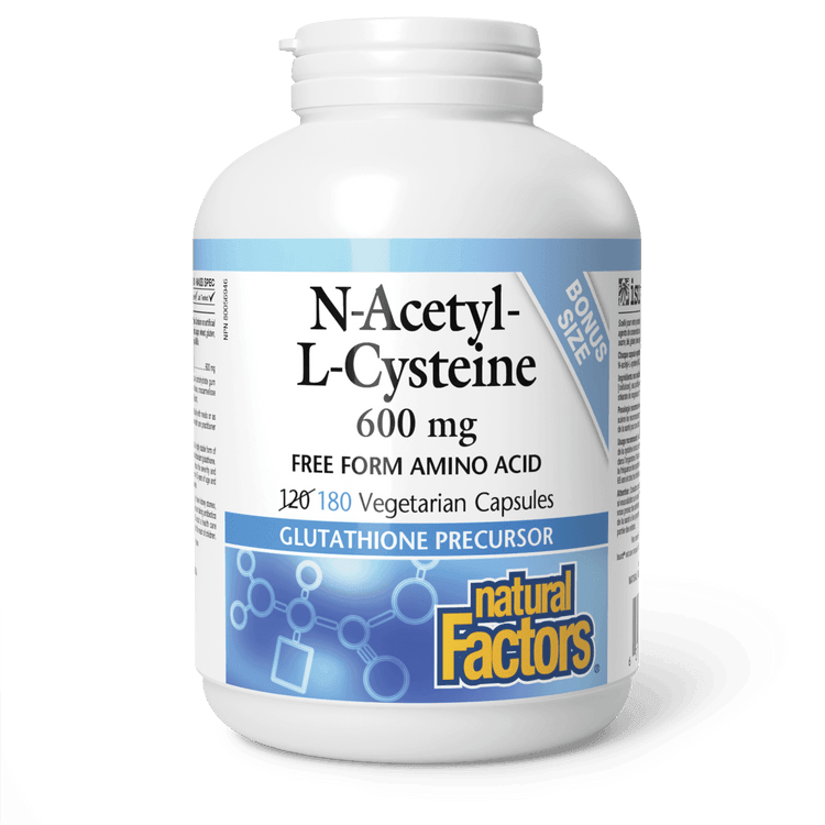 Natural Factors N-Acetyl-L-Cysteine 600 mg BONUS SIZE 120+60 Veg Capsules - Wellness Supplement
