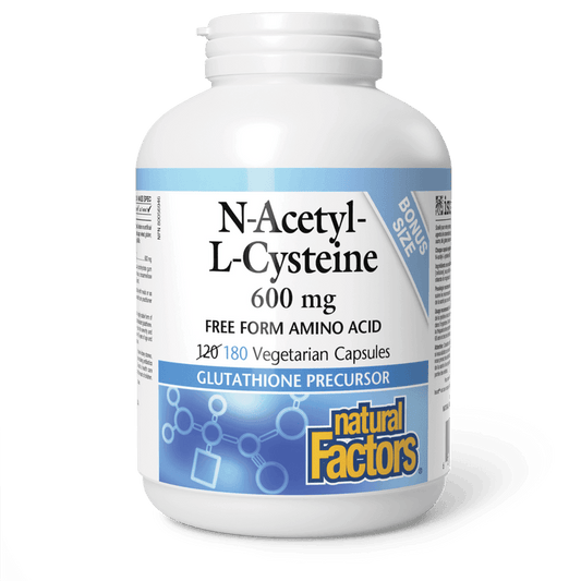 Natural Factors N-Acetyl-L-Cysteine 600 mg BONUS SIZE 120+60 Veg Capsules - Wellness Supplement