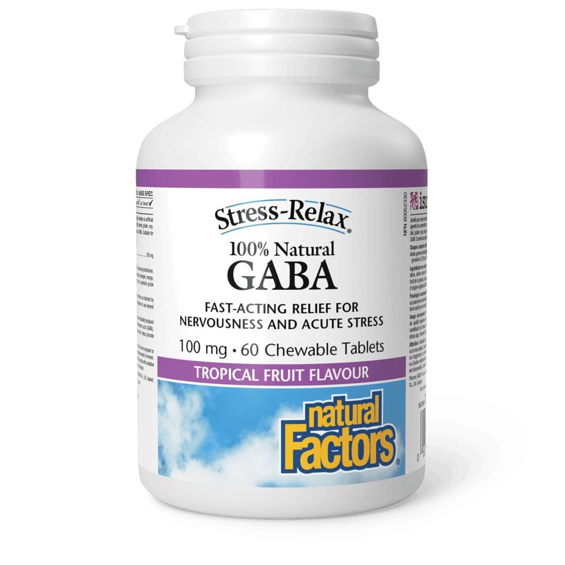 Natural Factors Stress-Relax 100% Natural GABA 100 mg Tropical Fruit 60 Chewables 