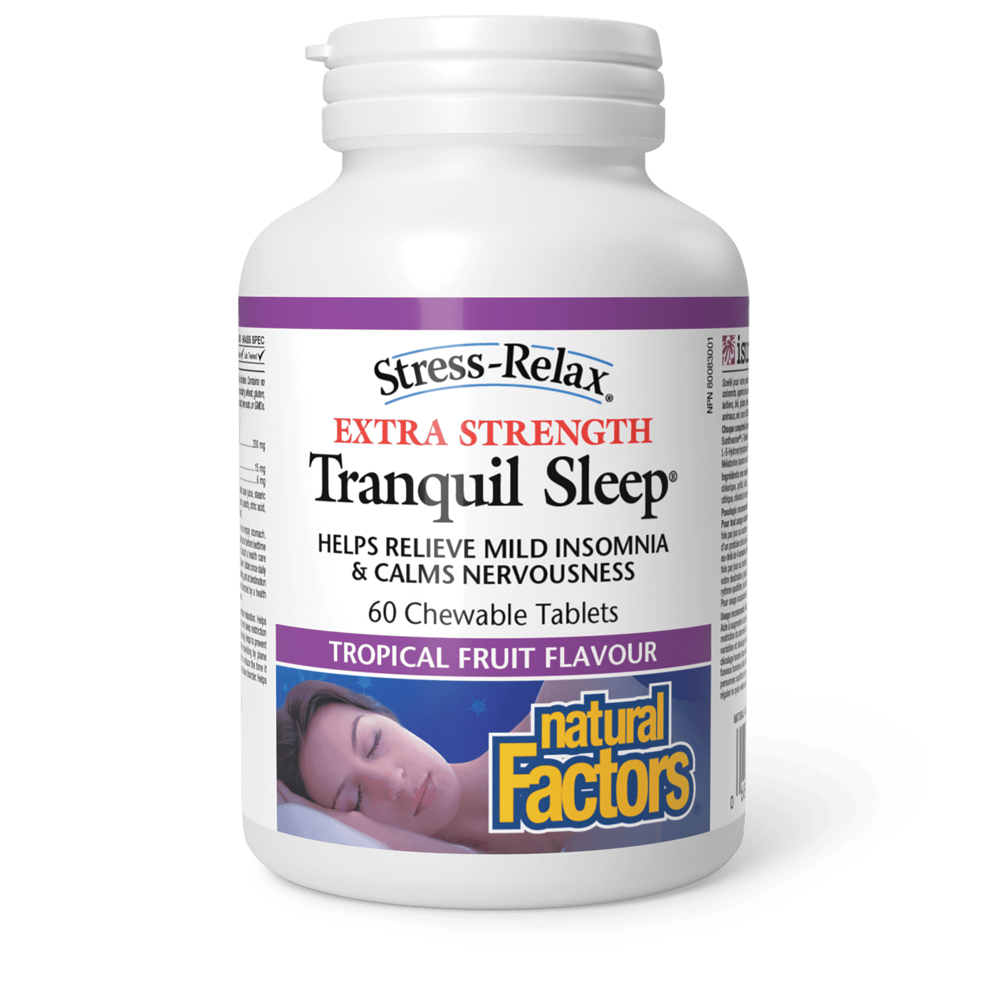 Natural Factors Tranquil Sleep Extra Strength Tropical Fruit Stress-Relax 60 Chewables 