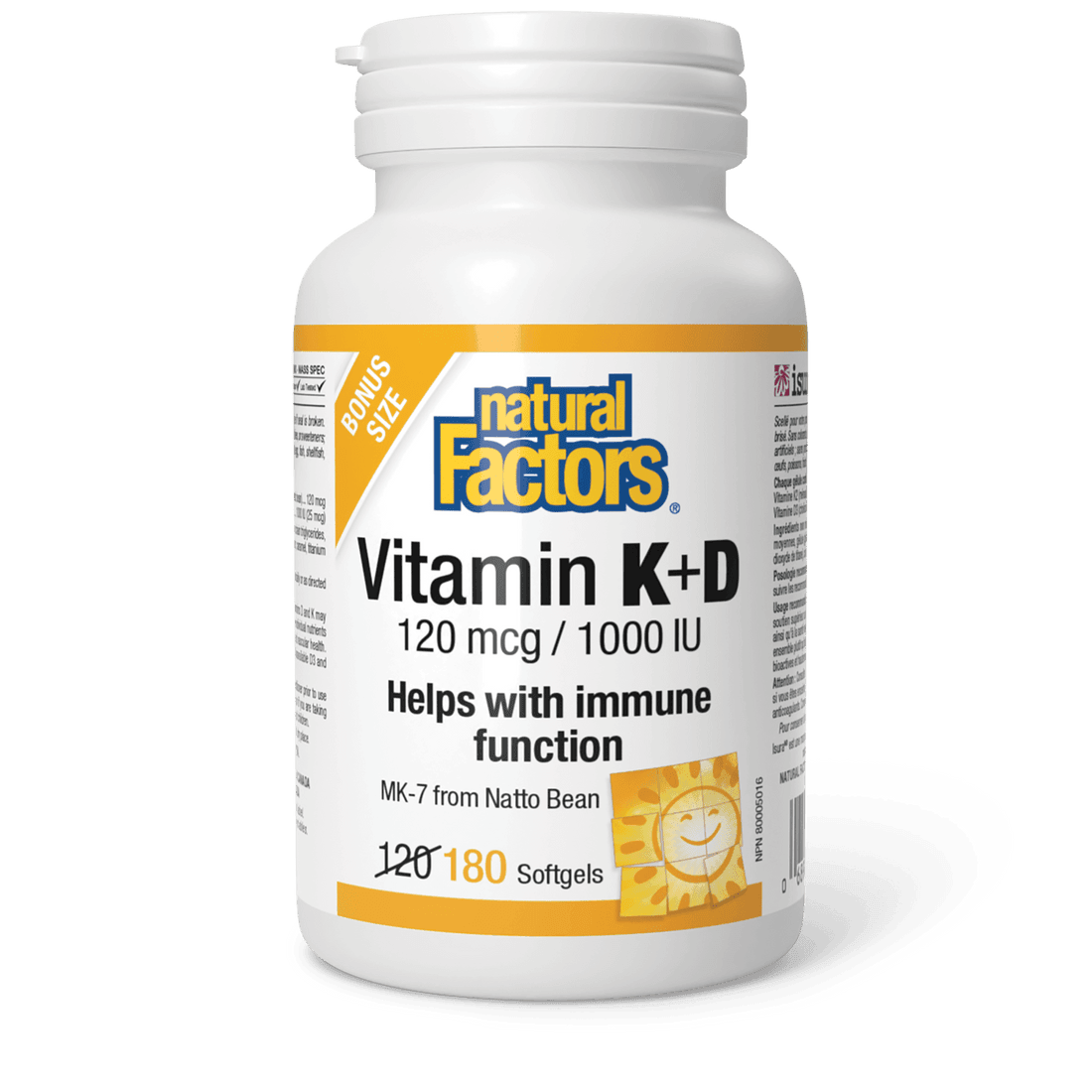 Natural Factors Vitamin K+D 120 mcg/1000 IU Bonus Size (120+60) Softgels - Wellness Supplement