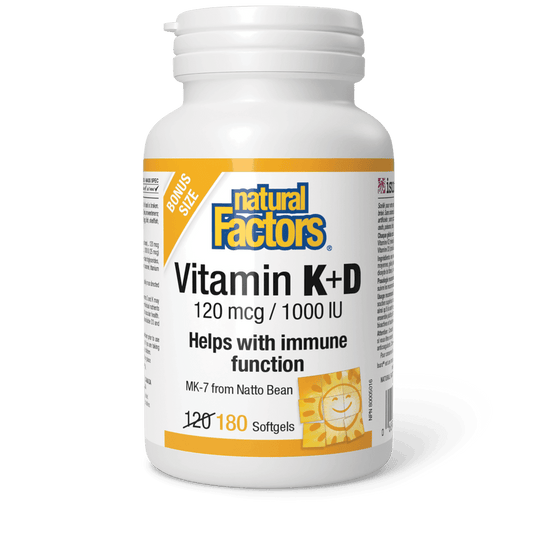 Natural Factors Vitamin K+D 120 mcg/1000 IU Bonus Size (120+60) Softgels - Wellness Supplement