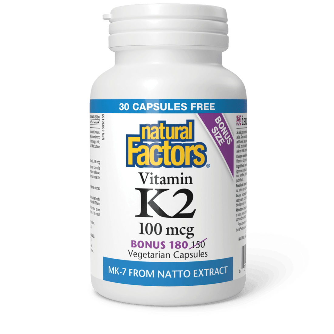 Natural Factors Vitamin K2 100 mcg Bonus Size (120+60) Veg Capsules 