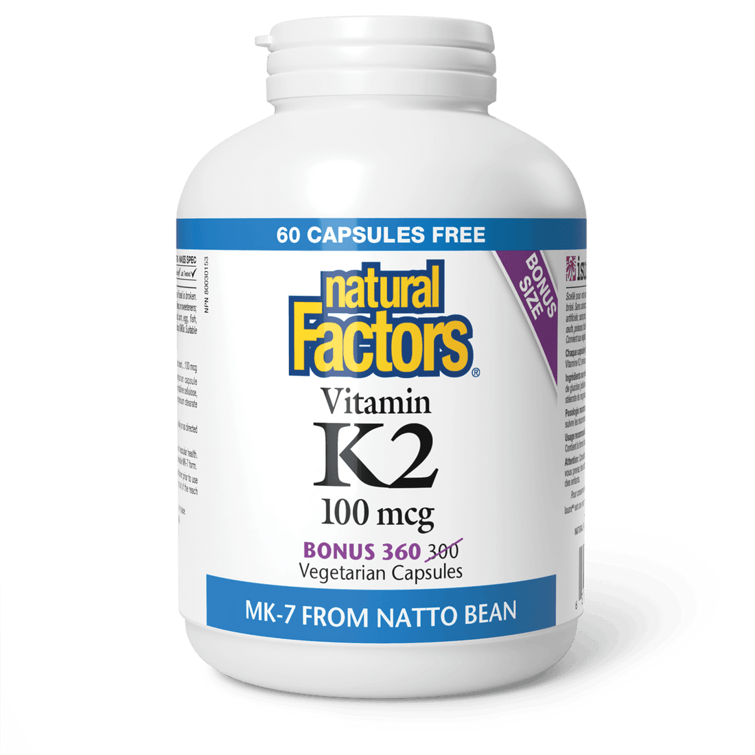 Natural Factors Vitamin K2 100 mcg Bonus Size 360 Veg Capsules 