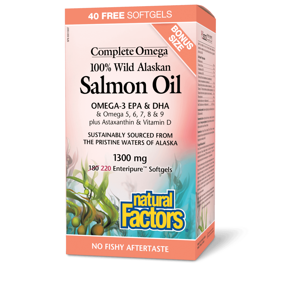 Natural Factors Wild Alaskan Salmon Oil 1300 mg Complete Omega Bonus Size (180+40) Softgels 