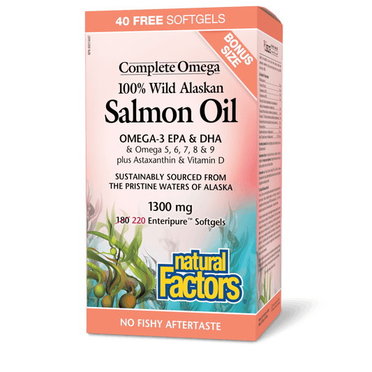 Natural Factors Wild Alaskan Salmon Oil 1300 mg Complete Omega Bonus Size (180+40) Softgels 